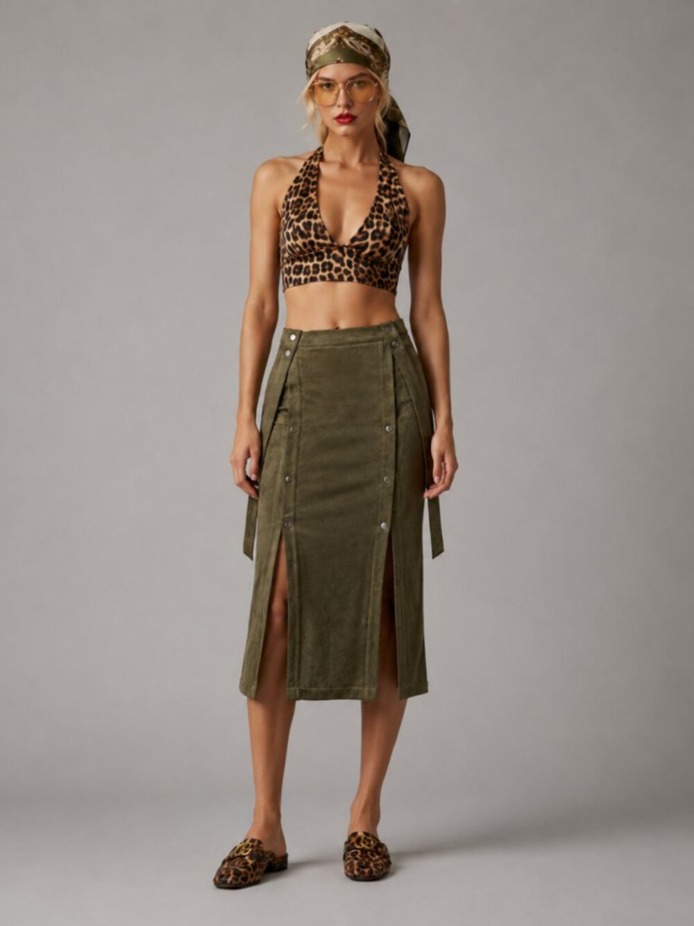 Y2K Office Siren Olive Burnt Stretch Pencil Midi Skirt Sport Chic Velour-Like